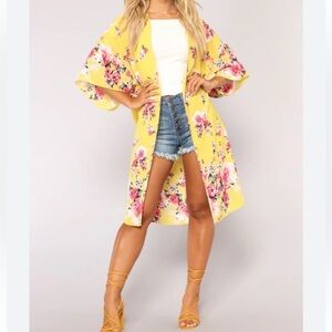 Love J yellow floral print kimono cover up top Sz L